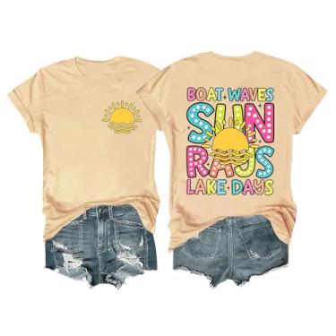 Imagem de Camisetas femininas de verão estampadas com raios de sol, casuais, soltas, manga curta, gola redonda, blusas confortáveis e modernas, ZB, cáqui, XXG