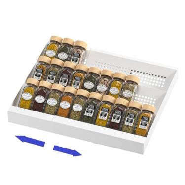 Imagem de Wobmmi Organizador de gaveta de temperos de metal expansível, 3 camadas, bandeja inclinada para gaveta de armário de cozinha inserção/bancada (frascos não incluídos) - 3 camadas, 1 pacote/branco
