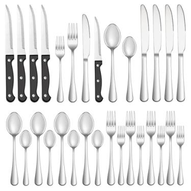 Imagem de Conjunto de talheres de 24 peças com facas de bife para 4, conjunto de talheres de aço inoxidável, conjunto de talheres polidos espelhados, conjunto de utensílios de mesa para cozinha doméstica,