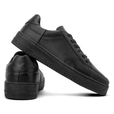 Imagem de Tenis Masculino de Couro Legitimo Sneaker Sapatenis Casual Branco Preto e Pinhao Palmilha de GEL Perfeito Para Todas as Ocasiões, Casamento, Trabalho, Ano novo, Natal Festas (Preto com sola preta, BR, Adulto, Numérico, 43)