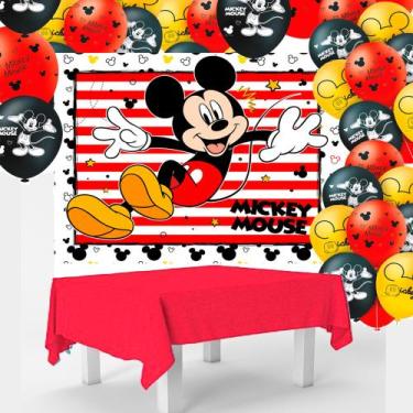 Imagem de Kit festa Decoração Mickey Painel +25 Balão +Toalha vermelha - Regina