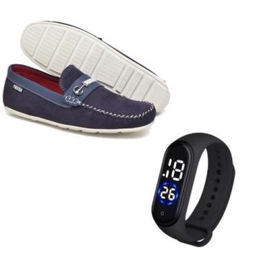 Imagem de Sapato Mocassim Masculino Casual Confortável em Camurça + Relógio Digi