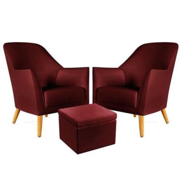 Imagem de Kit 2 Poltronas Estofada Orion com Puff Quasar Sued Bordô Aradecor