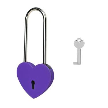 Imagem de Gradleen Cadeado de coração único com chave de 8,5 cm, cadeado de amor de 50 mm, acabamento fosco, cadeado de amor de metal roxo para ponte Lovelock, caixa de cartão, caixa de joias, diário, bolsa de