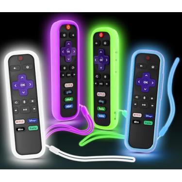 Imagem de [Pacote com 4] Capa SOTATOO para controle remoto Roku, capa de bateria para controle remoto TCL Roku Smart TV, controle protetor de silicone, capa universal que brilha no escuro branco azul roxo verde