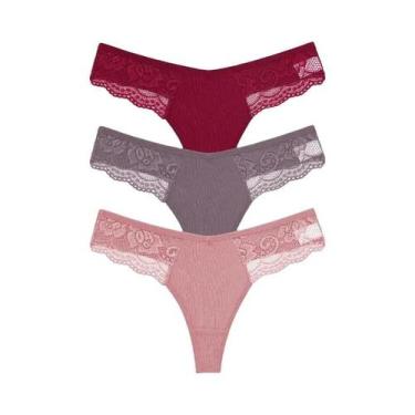 Imagem de Calcinhas Tangas de Renda e Algodão - 3 Peças - Cintura Baixa, L, Conj
