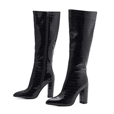 Imagem de Botas pretas de qualidade até o joelho botas femininas com zíper salto alto quadrado pontiagudo(Black with zipper,37EU)