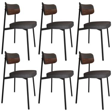 Imagem de Kit 06 Cadeiras Estofada Para Sala De Jantar Astrid Preto C01 Linho Preto Courino Whisky - Lyam Decor