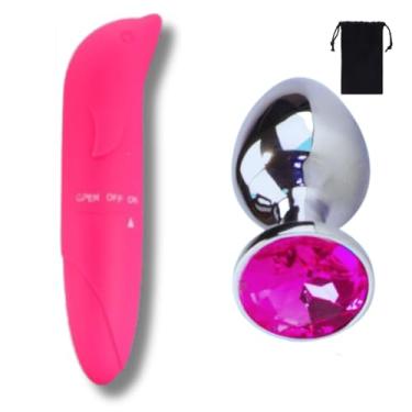 Imagem de Kit Vibrador Feminino Golfinho Estimulador de Clitóris + Plug Anal Pedra de Cristal P - Sex Shop (Rosa)