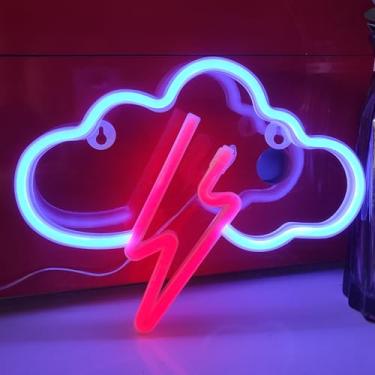 Imagem de JYWJ Luz Neon Relâmpago Em Nuvem, Placas Alimentadas Por Usb Ou 3 Pilhas Aa, Decoração De Parede Mesa Com Led, Diversas Festas, Estabelecimentos Comerciais (Azul + Vermelho)