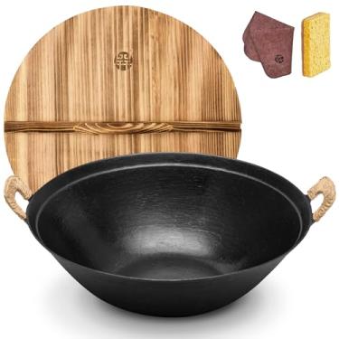 Imagem de WANGYUANJI Frigideira Wok de ferro fundido, frigideira de 34 cm com alça dupla e tampa de madeira, adequada para todos os cooktops, wok tradicional chinesa não revestida