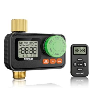 Imagem de RESTMO Temporizador de irrigação de controle remoto RF com entrada e saída de latão, temporizador de água programável para mangueira de jardim, automático | manual | atraso de chuva para torneira