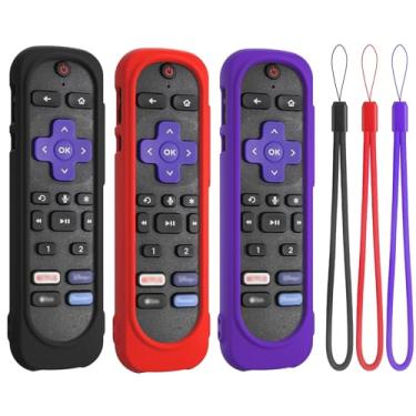 Imagem de DUOLAXMENG Capa de silicone para controle remoto de voz 2024/Pro/TCL/Hisense, capa lavável à prova de choque Remote com cordão (preto + vermelho + roxo escuro)
