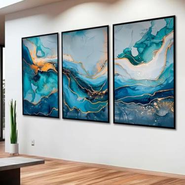 Imagem de Kit com 3 Quadros Decorativos 30x50 cm Abstrato Marmorizado com Moldura Retangular com 2cm de largura Preta, na posição Vertical, ideal para ambiente de Sala, Quarto e Hall.
