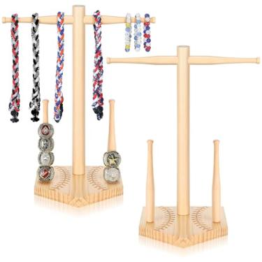 Imagem de Vicenpal Pacote com 2 colares de beisebol de madeira, suporte de anéis, torres de joias de softball, colar de gotejamento de beisebol, estojo de exibição para suporte de presente de campeonato