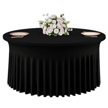Imagem de Smiry Toalha de mesa redonda de elastano, saia de mesa elástica de 152 cm resistente a amassados, capa de mesa lavável de 1,8 m para casamento, festa, banquete, aniversário, formatura, preta