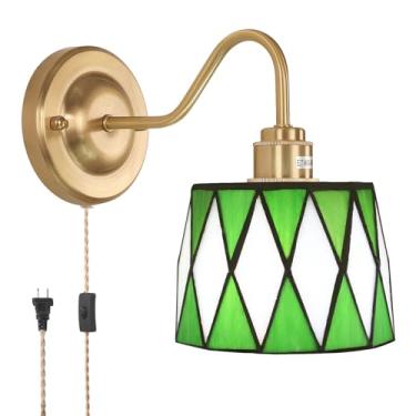 Imagem de Shenmoyl Arandela de parede vintage, lâmpadas montadas na parede com arandela verde xadrez, luminária de parede dourada com cabo de plugue e interruptor para quarto, banheiro, sala de estar, corredor