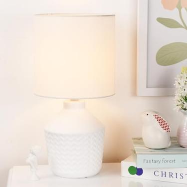 Imagem de Lampwell Candeeiro de mesa pequeno off-white para sala de estar como luminária de mesa de cabeceira para quarto, luminária de mesa noturna infantil de cerâmica moderna, Φ16,89 × A 30,58 cm, lâmpada