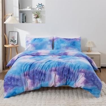 Imagem de URLINENS Conjunto de edredom solteiro azul roxo, 3 peças, tie dye com 2 fronhas, para meninas, meninos e adolescentes, conjunto de cama de solteiro leve de microfibra aquarela, lavável para todas as