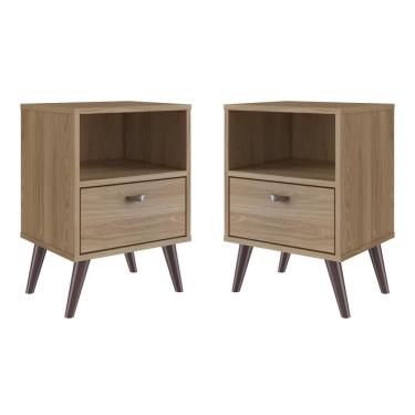 Imagem de Kit 02 Mesa De Cabeceira Nicho 39cm Com Gaveta E Pés Palito Retrô Oak