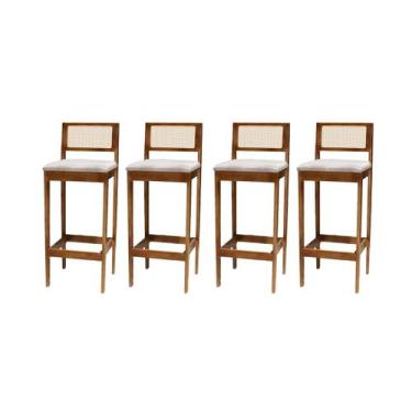 Imagem de Kit 4 Banqueta Alta de Madeira com Assento em Linho Cinza e Encosto em