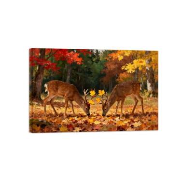 Imagem de Quadro parede outono-Dois veados floresta Impressões em tela paisagens-Pintura animais para decoração sala estar 20x30cm Tela Embrulhada