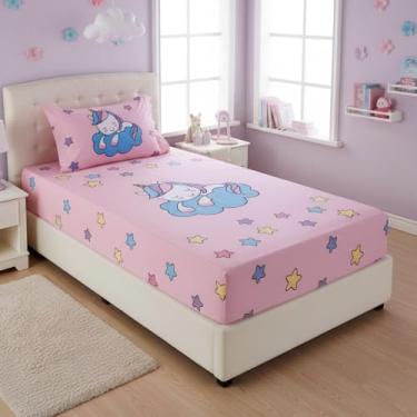 Imagem de Jogo de Lençol Solteiro Infantil, 2 Peças, Estampa Unicórnio nas Nuvens, Rosa e Azul, com Fronha e Lençol Elástico