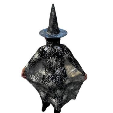 Imagem de Kit Chapéu Preto Estampado com Capa de Bruxa Dourada Prata Halloween Festa Fantasia Cosplay(M,Teias de Aranhas Pratas)