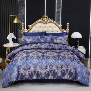 Imagem de Jogo de cama queen jacquard de cetim azul, elegante, 8 peças, vintage, neoclássico, floral, decoração de casa, edredom macio, cama sedosa de hotel de luxo em uma bolsa com 1 capa de almofada