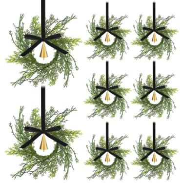 Imagem de Knitgrip 12 conjuntos de mini guirlandas de Natal para armários 19 cm guirlanda artificial de cedro de cipreste com fita vintage de sinos de vaca para decoração de Natal, faça você mesmo, cadeira de