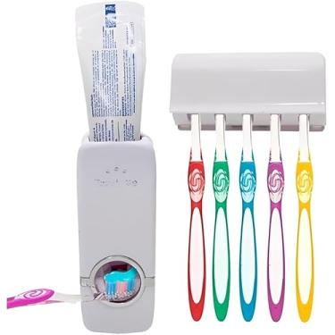 Imagem de Kit Dispenser Automático de Pasta de Dente com Suporte para 5 Escovas – Sistema Touch Me, Fixação em Parede, Higiênico e Prático para Banheiro