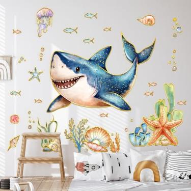 Imagem de ZARROUEA Adesivos de parede fofos de tubarão, decalques de parede sob o mar, design grande de tubarão dourado e estrela do mar, 75 x 54 cm, decoração de berçário para quarto de crianças, banheiro