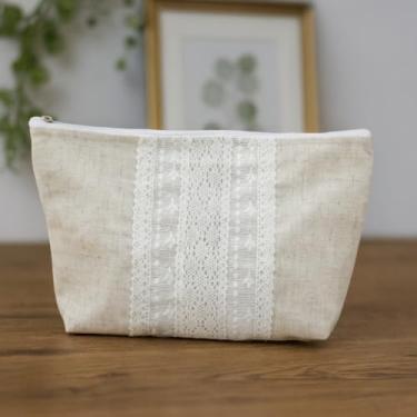 Imagem de Bolsa de maquiagem feminina com emenda de renda, bolsa de cosméticos portátil, organizador de higiene pessoal, bege estilo francês elegante bolsa de armazenamento (bege, G)