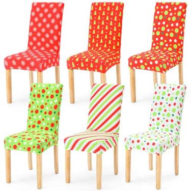 Imagem de HunnmingRe Conjunto de 6 capas de cadeira de Natal elásticas para assento de Natal, verde, vermelho, lavável para cadeira de jantar, decoração de Natal, casa, hotel, festa, sala de jantar, cozinha