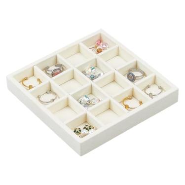 Imagem de PH PandaHall 16 bandejas empilháveis de joias bandeja de armazenamento de joias com suporte de fibra para exibição de brincos, organizadores de gavetas, bandejas para anéis, bege, 14 x 14 x 2,2 cm