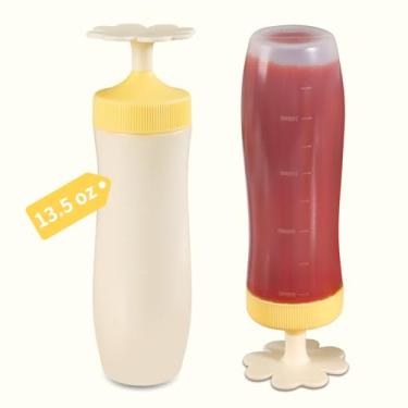 Imagem de Garrafas de espremer condimento invertido, recipientes vazios de molho de 400 ml, garrafa de esguicho reutilizável à prova de vazamento com escala para mostarda para ketchup molhos de xarope de