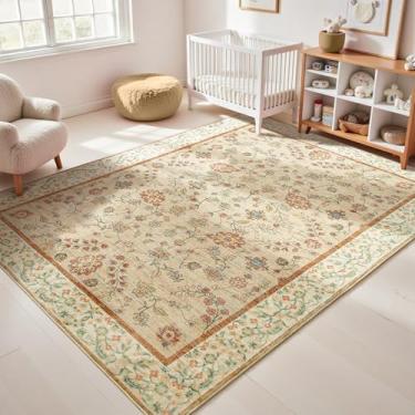 Imagem de Goideal Tapete floral para sala de estar, 13 x 18 cm, bege lavável, antiderrapante, boho com forro de borracha para quarto, cozinha, banheiro, sala de jogos, entrada, escritório, bege