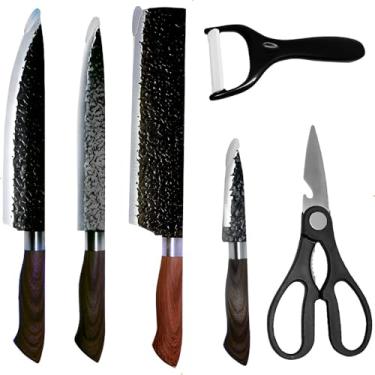 Imagem de Conjunto de Facas Profissionais em Aço Inox, 6 Peças, Lâminas com Acabamento Craquelado Preto, Cabos Ergonômicos em ABS, Inclui Faca do Chef, Trinchar, Cutelo, Aparar, Descascador e Tesoura