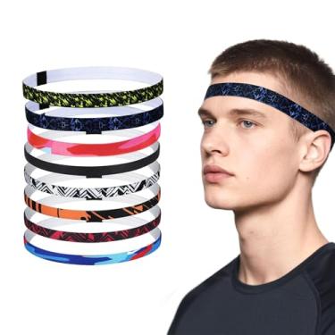 Imagem de Bandanas esportivas finas elásticas (8 peças), faixas de cabelo com aderência de silicone antiderrapante para exercícios de cabelo para homens mulheres futebol basquete futebol tênis ioga