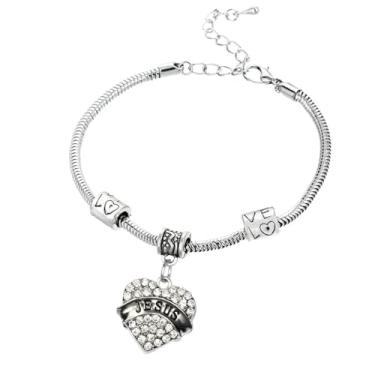 Imagem de Pulseiras Jesus com pingente de coração e strass presentes religiosos para mulheres, filha, mãe, One Size, Aço inoxidável, Sem Pedra Preciosa