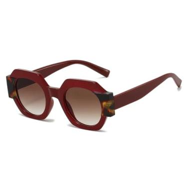 Imagem de VFDHN Óculos de sol femininos de duas cores, estilo polígono, vintage, laranja, degradê, uv400, masculino, punk (vinho, vermelho, chá)