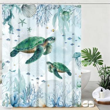 Imagem de mutakin Cortina de chuveiro de tartaruga marinha verde azul-petróleo para banheiro tecido impermeável cortina de banho decoração com ganchos