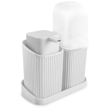 Imagem de Kit Para Banheiro Com Bandeja Sabonete Líquido Porta Escovas (Branco)