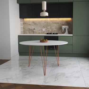 Imagem de Mesa De Jantar Redonda 110Cm Branca Clips 3 Pés Base Cobre Cor: Branco