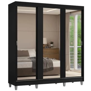 Imagem de Guarda-roupa Casal com Pés 3 Portas de Correr de Espelho Preto Reno Madesa