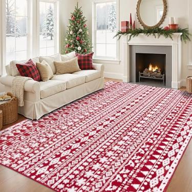Imagem de HiiARug Tapete para área de Natal, 20 x 25 cm, com árvores de Natal, lavável, vermelho, moderno, geométrico, tapete grande e macio para quarto, sala de jantar, decoração de Natal e férias
