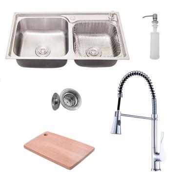 Imagem de Kit Cuba Pia Dupla Gourmet Luxo Prizi Aço Inox 304 43x78cm Kit Completo - MD7843B + Torneira Gourmet Prizi com Misturador, Monocomando - KE6027