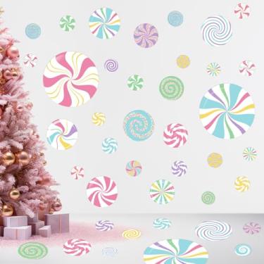 Imagem de Macaron Color Christmas Peppermint Candy Wall Decals Pastel Christmas Candy Wall Stickers Decorations Self Adhesive Xmas Candyland Floor Decals for Winter Holiday Xmas Candylands Party Windows Decors