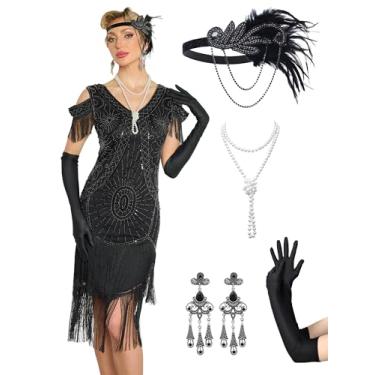 Imagem de RRYIO Vestidos grandes Gatsby para mulheres, vestidos melindrosa anos 20, fantasias dos anos 20 com acessórios dos anos 20 (preto, prata, 2GG)