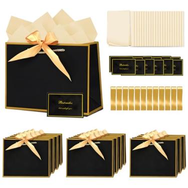 Imagem de Dimore 12 sacos de presente pretos com papel de seda, cartões de felicitações, fita, saco de presente de 28 x 20 x 10 cm com alças para festa de aniversário, casamento, feriado, agradecimento (preto)